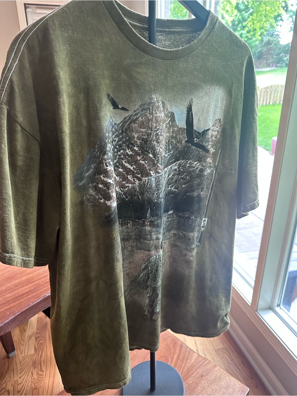 Oversized Olive Graphic Tee Soldier Mountain Americana Grunge Y2K